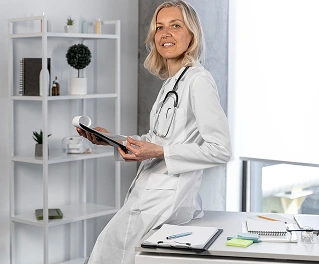 Vrouwelijke arts met tablet in de kliniek, professioneel medisch advies en medische dienstverlening.