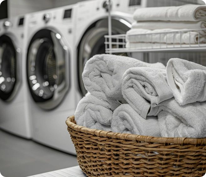 Een mand met verse, schone handdoeken in de wasruimte met wasmachines; een concept voor hotelhuishouding en wasservice.
