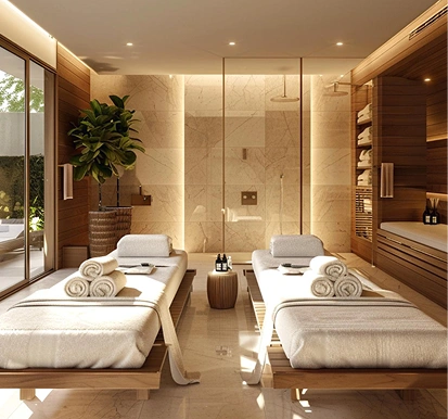 Moderne hotelkamer met tweepersoonsbed, zachte verlichting en elegante inrichting, comfortabel en luxueus interieur.
