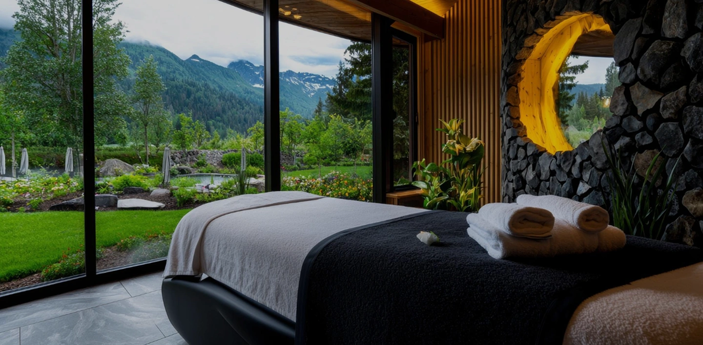 Luxe hotelkamer met bubbelbad en panoramisch uitzicht op de bergen, voor een ontspannende wellnesservaring en een eersteklas verblijf.